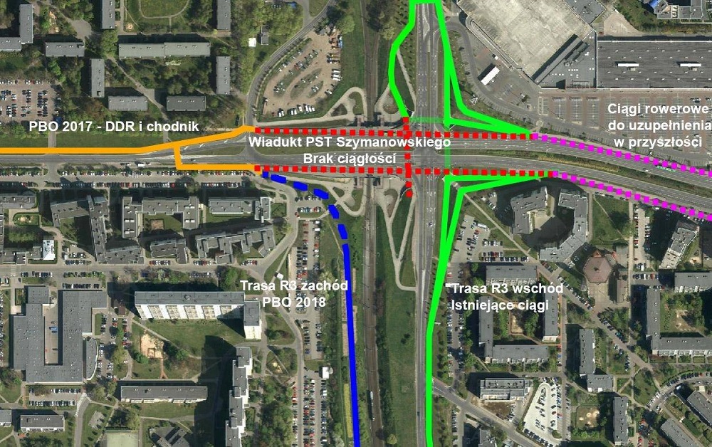 Schemat istniejących i realizowanych tras rowerowych dochodzących do wiaduktu PST Szymanowskiego - grafika artykułu