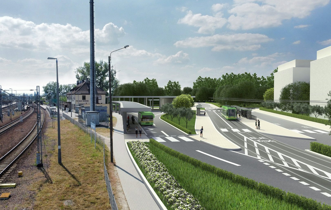 Jedna z wizualizacji planowanej trasy tramwajowej "Poznań Wschód", widoczny planowany przystanek tramwajowy i autobusowy oraz ostniejące tory kolejowe - grafika artykułu