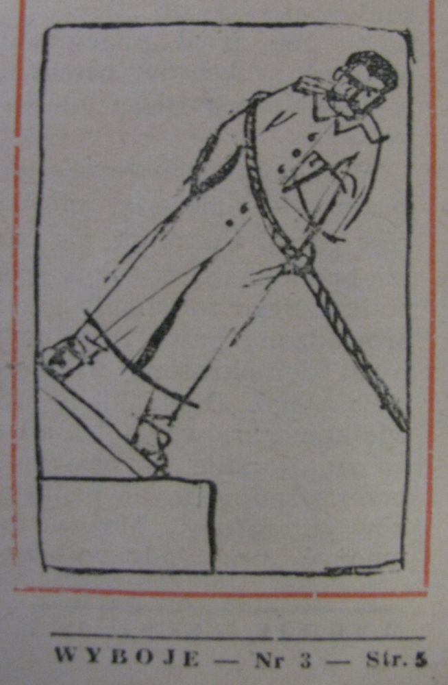 Satyryczny rysunek ilustrujący upadek stalinizmu, opublikowany w poznańskim piśmie "Wyboje" 1956, nr 3 - grafika artykułu