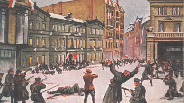Powstanie Wielkopolskie na pocztówkach Leona Paruzińskiego - Szturm na Prezydium Policji - śmierć Franciszka Ratajczaka 27 grudnia 1918 r.