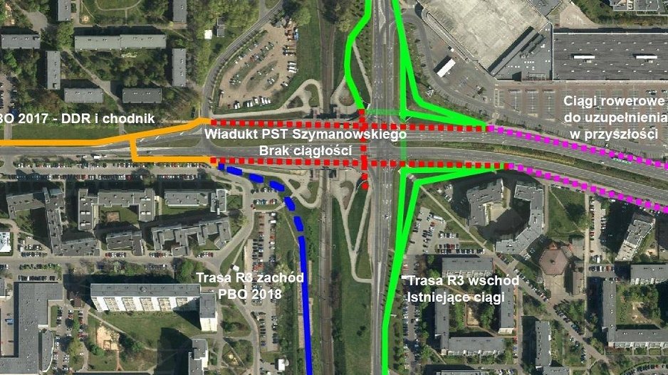 Schemat istniejących i realizowanych tras rowerowych dochodzących do wiaduktu PST Szymanowskiego