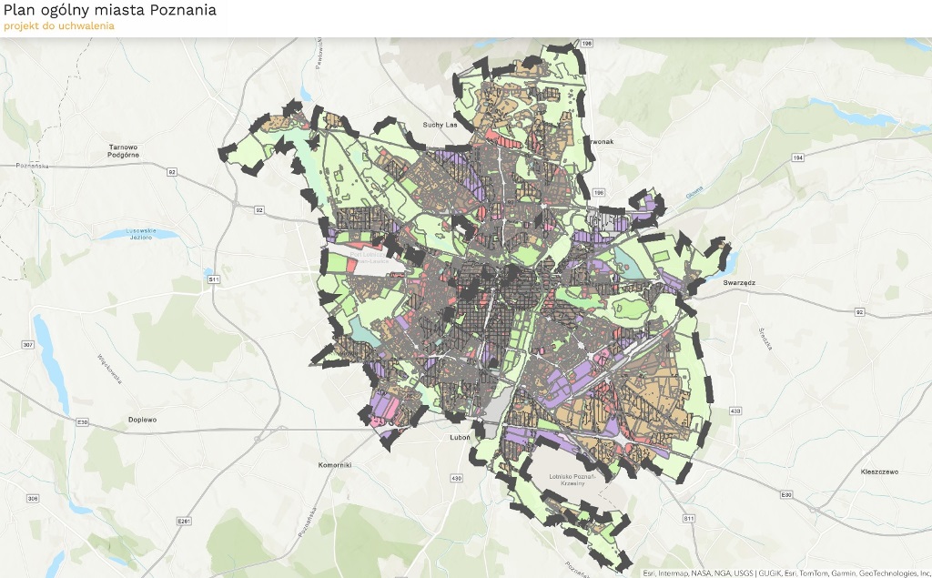 mapa urbanistyczna z zaznaczonymi granicami miasta Poznania i obszarami na terenie miasta