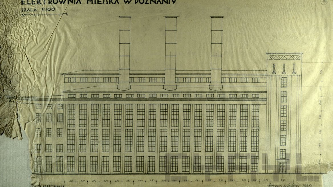 Projekt Elektrowni Okręgowej w Poznaniu, wstępne rysunki elewacji zachodniej w skali 1:100, 02.1928