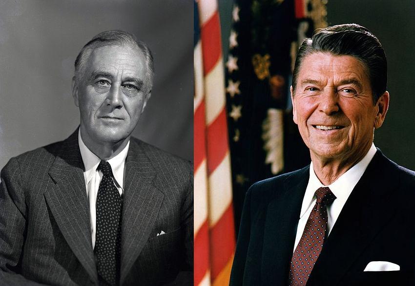 F. D. Roosevelt (fot. FDR Presidential Library & Museum/Wikipedia), R. Reagan (fot. Official Portrait of President Ronald Reagan / Wikipedia) - grafika artykułu