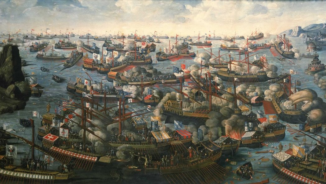 Obraz olejny "Bitwa pod Lepanto. 7 października 1571", nieznanego autora, w zbiorach Royal Museums Greenwich, reprodukcja w domenie publicznej.