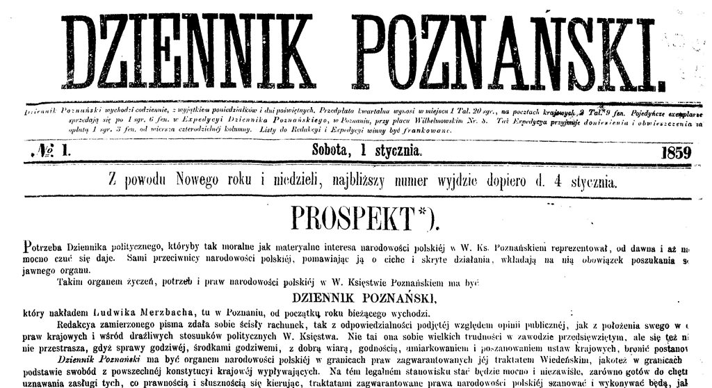 Premierowy numer "Dziennika Poznańskiego", 1 I 1859 r. - grafika artykułu
