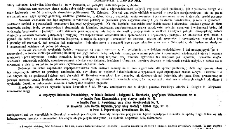 Premierowy numer "Dziennika Poznańskiego", 1 I 1859 r.