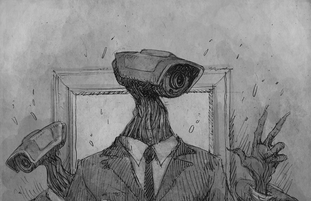 Rysunek autorstwa Pawła Zycha ilustrujący opowiadanie Mikołaja M. Manickiego "Oksydante i ptaszek" w antologii "Poznań Fantastyczny. Miejska Paralaksa" - grafika artykułu