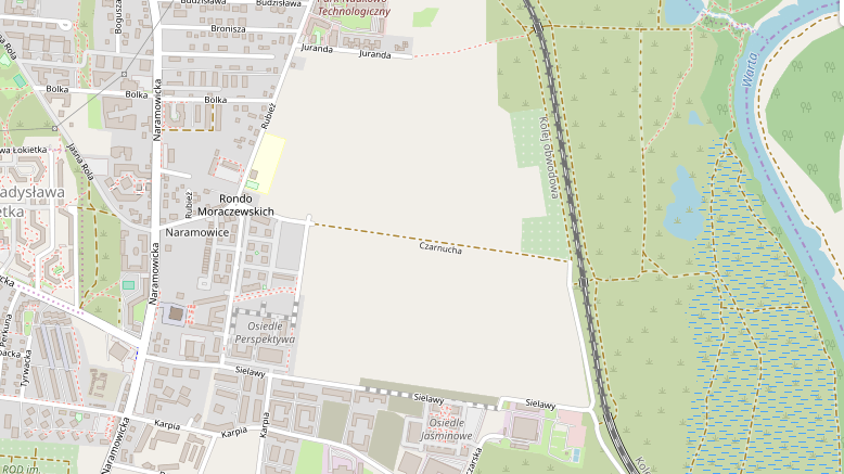 Fragment obecnego planu Poznania z widocznym przebiegiem ulicy Czarnucha. Ma ona 1860 m długości i odbiega od ronda Moraczewskich na wschód; w znacznej części ma charakter drogi gruntowej. Źródło: poznan.pl/plan