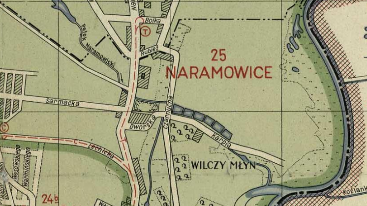 Fragment "Planu stołecznego miasta Poznania z 1948 r." (autor: Stachowski-Szała) z widocznym przebiegiem ul. Czarnucha, krótko po nadaniu jej nazwy. Źródło: cyryl.poznan.pl, własność: Archiwum Państwowe w Poznaniu