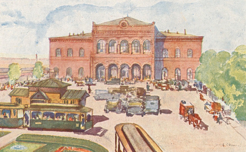 Dworzec, akwarela Józefa Oźmina - grafika artykułu