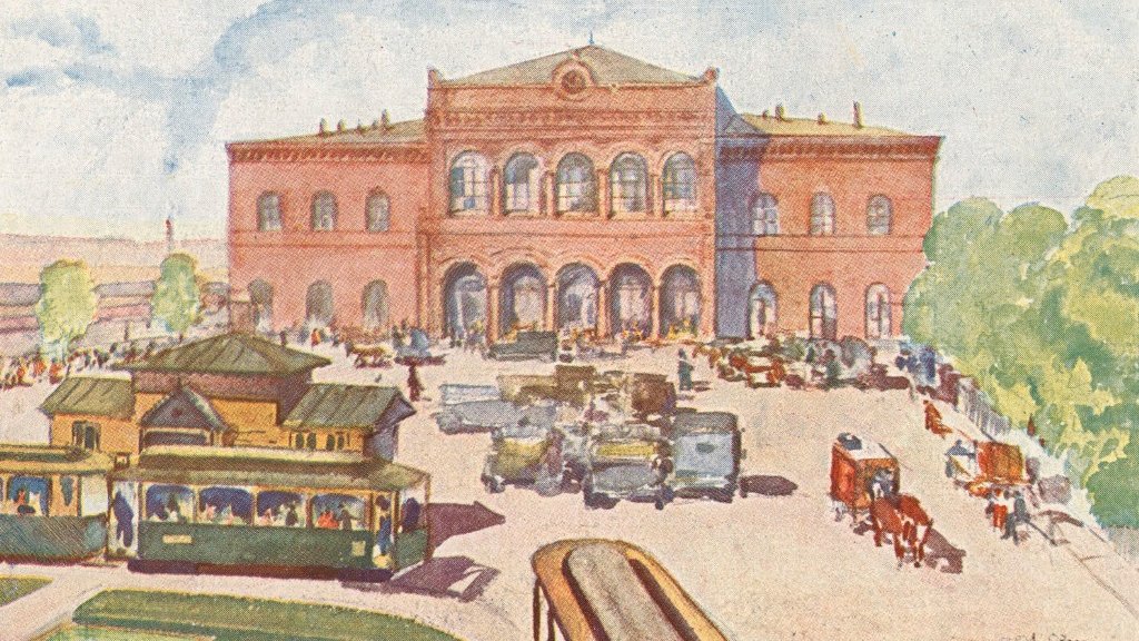 Dworzec, akwarela Józefa Oźmina