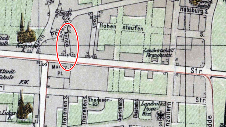Fragment planu Poznania z lat 1910-1911, z widocznym przebiegiem ówczesnej Annen-Gasse (dzisiejszej ulicy Żurawiej); właściciel: Archiwum Państwowe Poznań, źródło: cyryl.poznan.pl