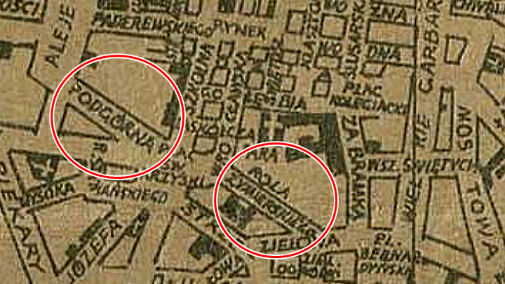 Plan Poznania 1946 r. (Wydawca Lasocki i Spółka, autor Lewandowski) z nazwą ulicy Podgórnej na historycznym odcinku oraz patronatem stalinowskiego marszałka Rola-Żymierskiego (nadanym za jego życia) na odcinku dolnym