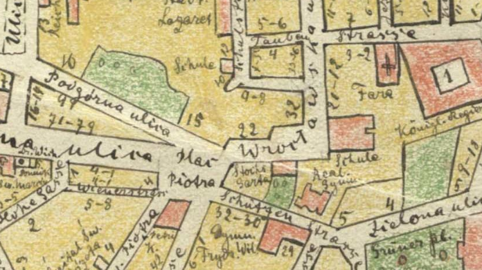 Plan Wnukowskiego z Gniezna z roku 1888, prezentujący przebieg ulicy Podgórnej w okresie zaboru pruskiego