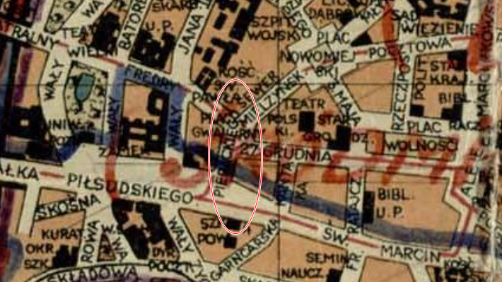 Fragment planu Chojnackiego z 1938 r., z ulicą Gwarną przemianowaną na Pierackiego. Ze zb.: Archiwum Państwowe w Poznaniu, źródło: cyryl.poznan.pl