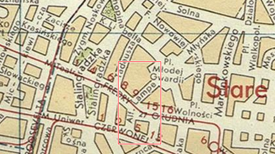 Fragment Planu dzielnic centralnych m. Poznania z ul. Alfreda Lampego zamiast Gwarnej i Mielżyńskiego. Nazwę Mielżyńskiego przywrócono w 1960 r., a Gwarną - 30 lat później. Ze zb.: AP w Poznaniu, źródło: cyryl.poznan.pl