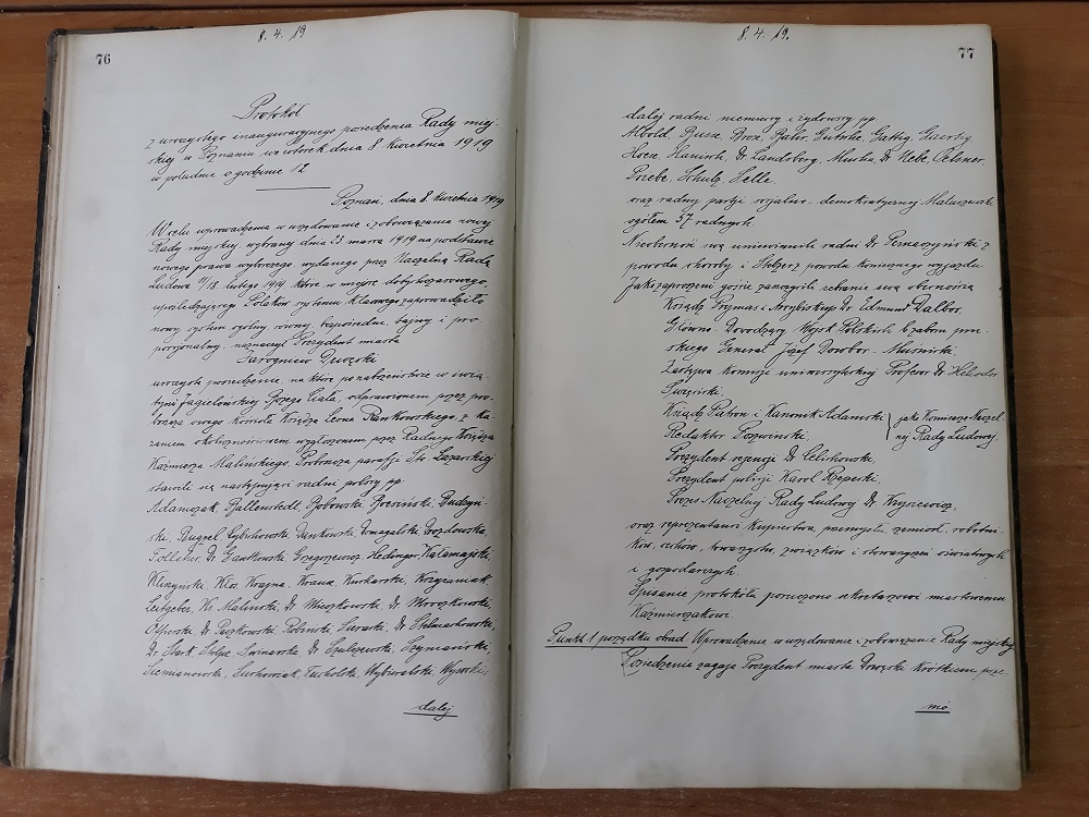 Protokół z inauguracyjnego posiedzenia pierwszej polskiej Rady Miasta Poznania, 8 IV 1919 r., ze zb. APP. - grafika artykułu