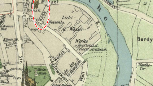 Na planie z roku 1910/1911 Łazienna nadal występuje jako Badegasse. Łączy się z bulwarem Miquela, upamiętniającym pruskiego ministra finansów, dziś uli. Ewangelicka. (AAP, źródło cyryl.poznan.pl)