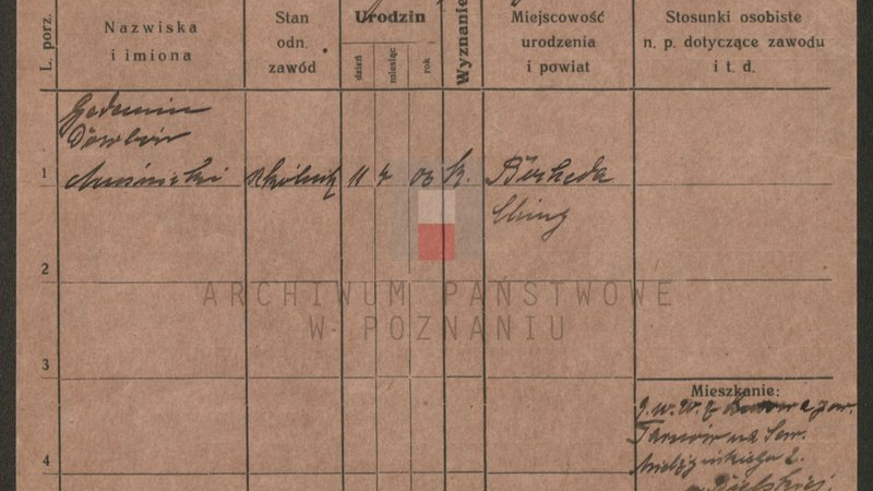 Karta z Kartoteki Ewidencji Ludności Miasta Poznania, wł. Archiwum Państwowe w Poznaniu, na karcie odnotowano datę wyjazdu Giedymina z Poznania do Francji, 04.9.1925 r.