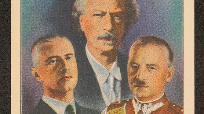 Raczkiewicz, Paderewski, Sikorski, pocztówka patriotyczna kolportowana w kręgach emigracyjnych, 1939-1941, ze zb. Polona
