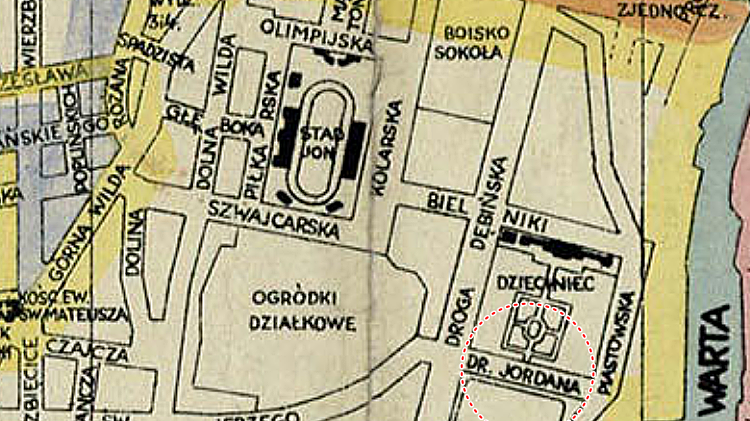 Ulica Jordana na fragmencie Planu Stołecznego Miasta Poznania Stanisłąwa Chojnackiego z podziałem na okręgi wyborcze z 1936 r. Właściciel Archiwum Państwowe w Poznaniu; źródło: cyryl.poznan.pl