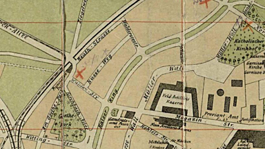 Fragment planu Poznania z 1917 r. Widoczne ulica: Cicha (Walderseestr.), Sporna (Busseweg), Karłowicza (Beuthstr.) oraz Przepadek (Am Mühltor). Właściciel: Archiwum Państwowe Poznań, źródło: cyryl.poznan.pl