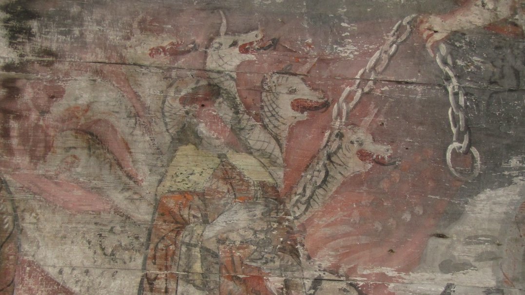 Gotyckie polichromie na ścianie północnej prezbiterium kościoła w Domachowie