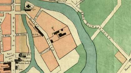Mapa Poznania, wydana po 1880 przez Antoniego Rose, z widoczną odnogą Warty, tzw. Zgniłą Wartą. Właściciel planu: PTPN; źródło: cyryl.poznan.pl