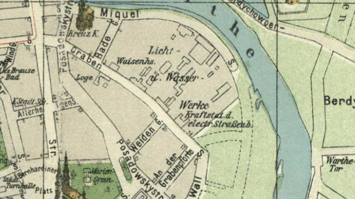 Fragment planu Poznania z lat 1910-1911 z wydawnictwa Pharus w Berlinie. Widoczna ul. Posadowskiego (Mostowa), wytyczona po zasypaniu Zgniłej Warty. Właściciel: Archiwum Państwowe w Poznaniu, źródło: cyryl.poznan.pl