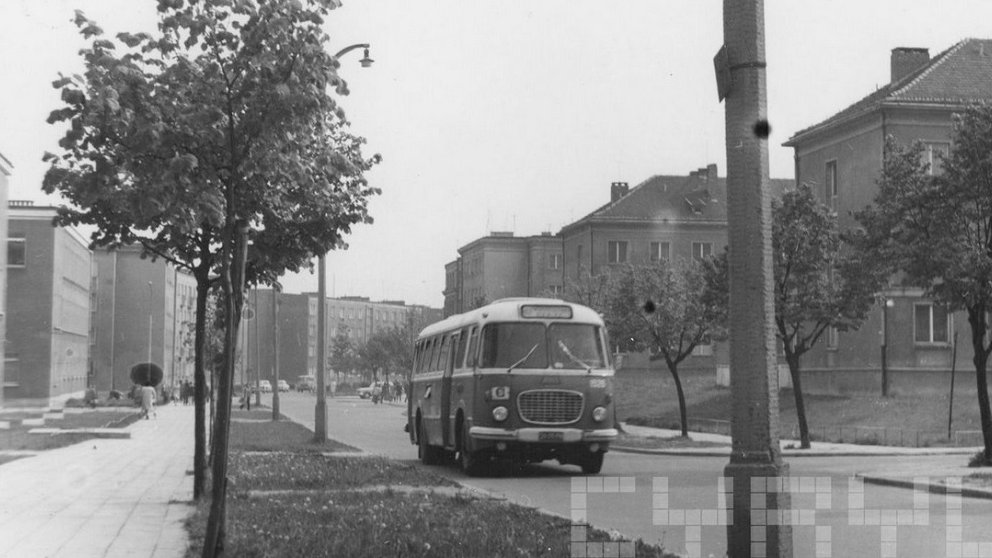 Autobus pospiesznej linii C na ul. Łozowej, lata 70. XX w., fot. Michał Fertyk, ze zb. cyryl.poznan.pl