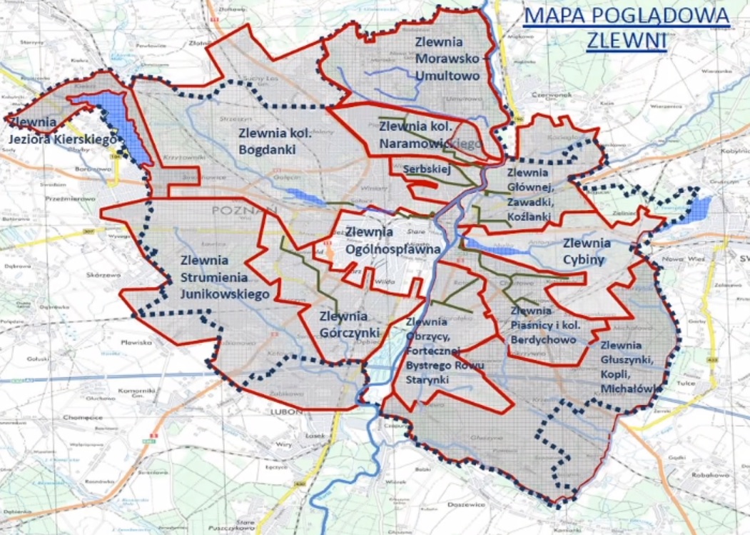 Mapa zlewni cieków wodnych przepływających przez Poznań, Fot. Aquanet - grafika artykułu