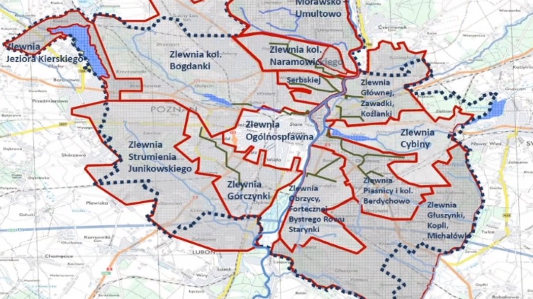 Mapa zlewni cieków wodnych przepływających przez Poznań, Fot. Aquanet