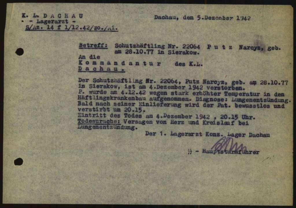 Pismo dot. zgonu ks. Putza, sporządzone w KL Dachau/Cyfrowe Archiwum Arolsen Archives - grafika artykułu