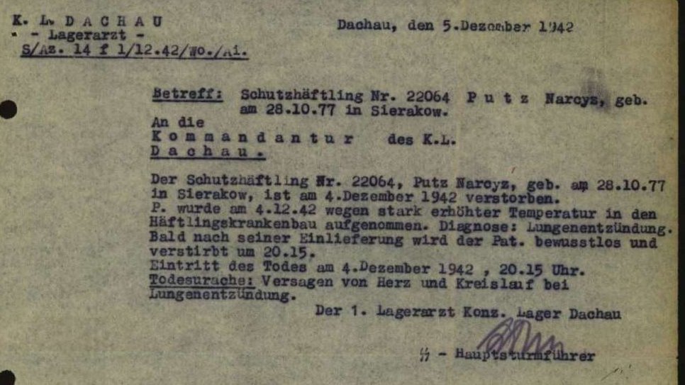 Pismo dot. zgonu ks. Putza, sporządzone w KL Dachau/Cyfrowe Archiwum Arolsen Archives
