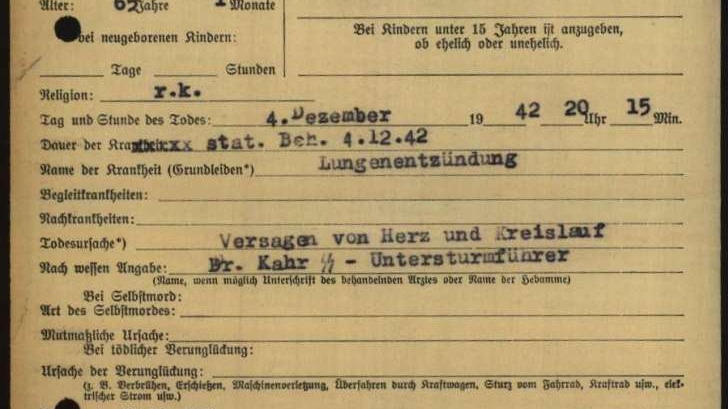 Karta zgonu ks. Putza z KL Dachau z datą i oficjalną przyczyną śmierci/Cyfrowe Archiwum Arolsen Archives