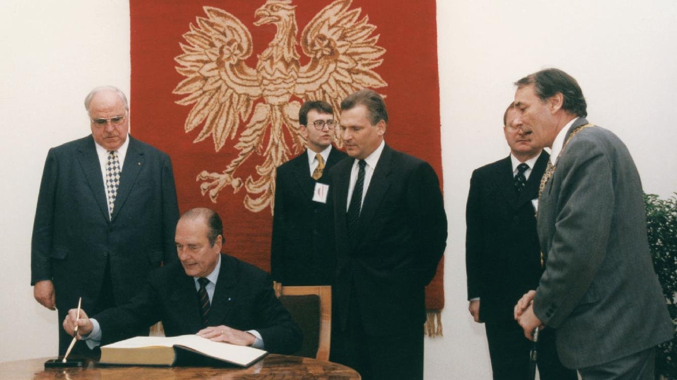 Spotkanie przywódców państw Trójkąta Weimarskiego, od lewej: kanclerz Niemiec Helmut Kohl, prezydent Francji Jacques Chirac, prezydent RP Aleksander Kwaśniewski prezydent Poznania Wojciech Sz. Kaczmarek