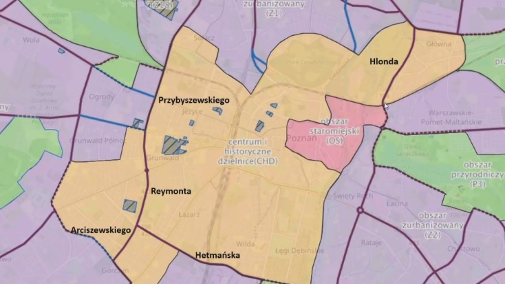 Podział miasta na obszary w ramach uchwały krajobrazowej - projekt, rys. WUiA