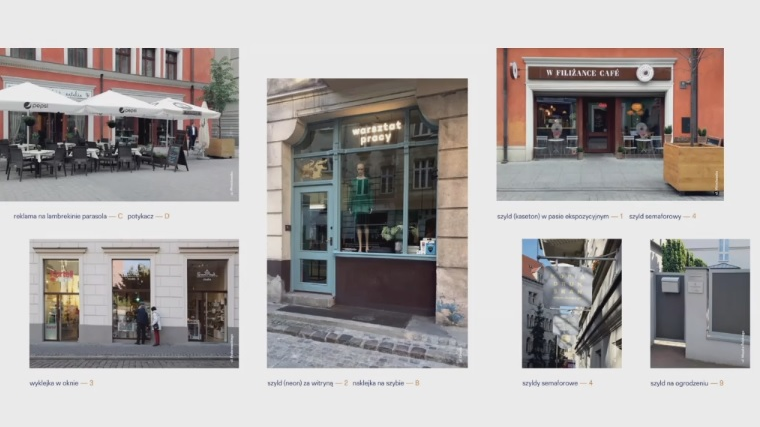 Przykłady uporządkowania reklam wg. zasad miejskiego szyldownika, fot. WUiA