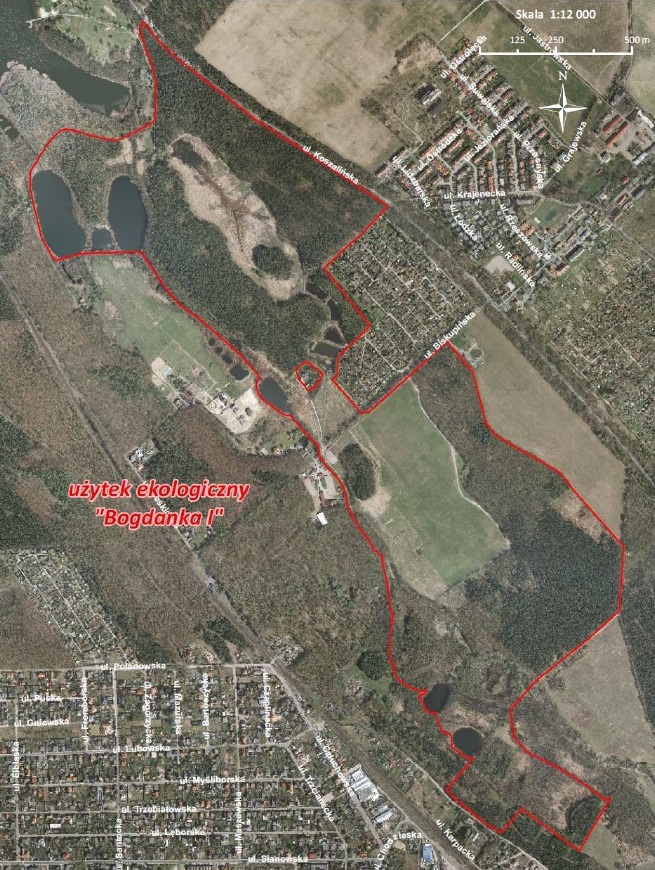 Położenie użytku ekologicznego "Bogdanka I" (granice oznaczono konturem), załącznik nr 1 do uchwały Nr XXIII/304/VI/2011 RMP z dn. 20 grudnia 2011 r., oprac. ZGiKM GEOPOZ - grafika artykułu