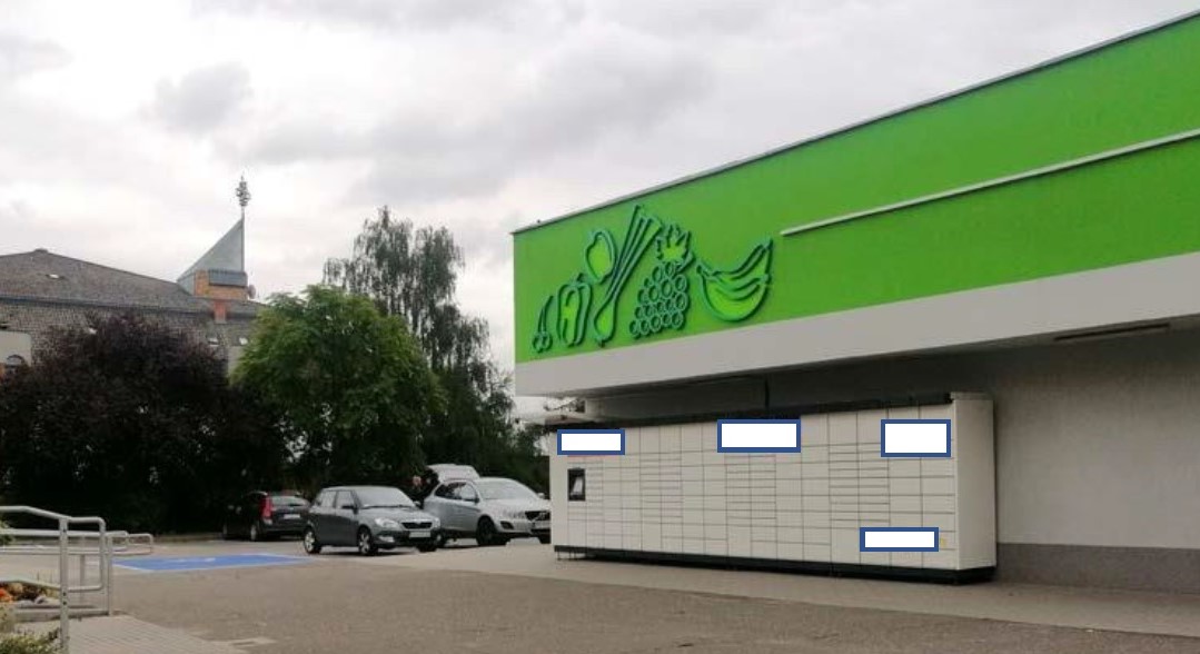 Automat przechowujący przesyłki na os. Rusa w Poznaniu, źródło: "Wytyczne dla automatów przechowujących przesyłki lub innych automatów sprzedających, na gruntach miejskich", Wydział Urbanistyki i Architektury, wrzesień 2022 r. - grafika artykułu