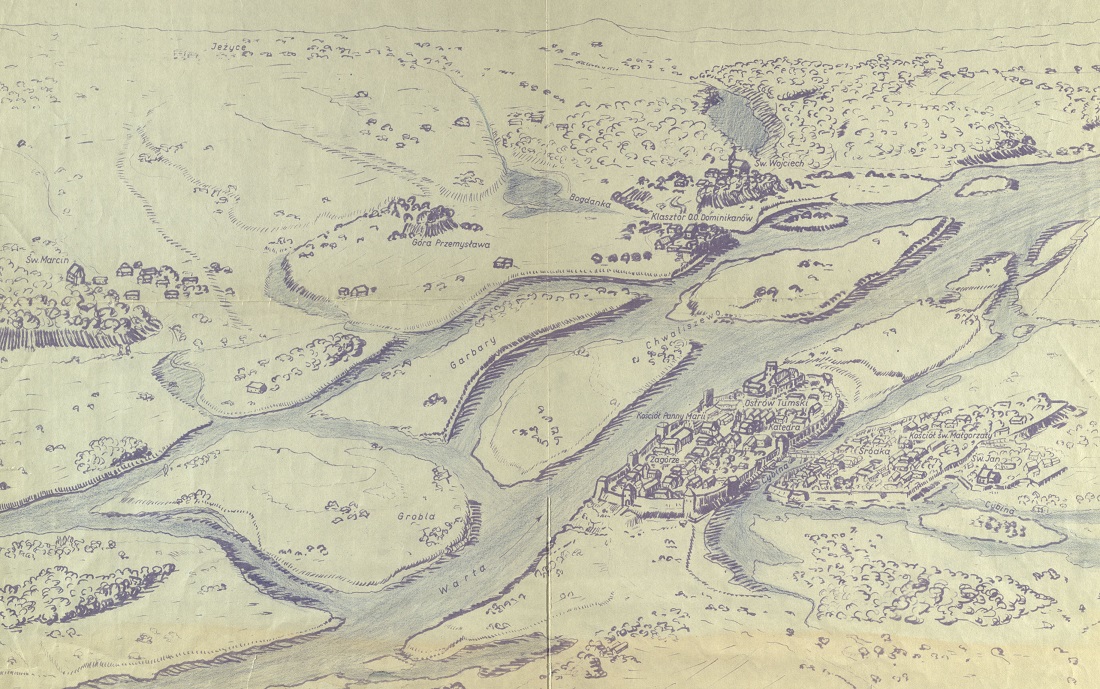 Poznań przedlokacyjny w XIII w., rysunek - światłokopia wykonana prawdopodobnie w okresie międzywojennym (fot. Archiwum Państwowe w Poznaniu / cyryl.poznan.pl) - grafika artykułu