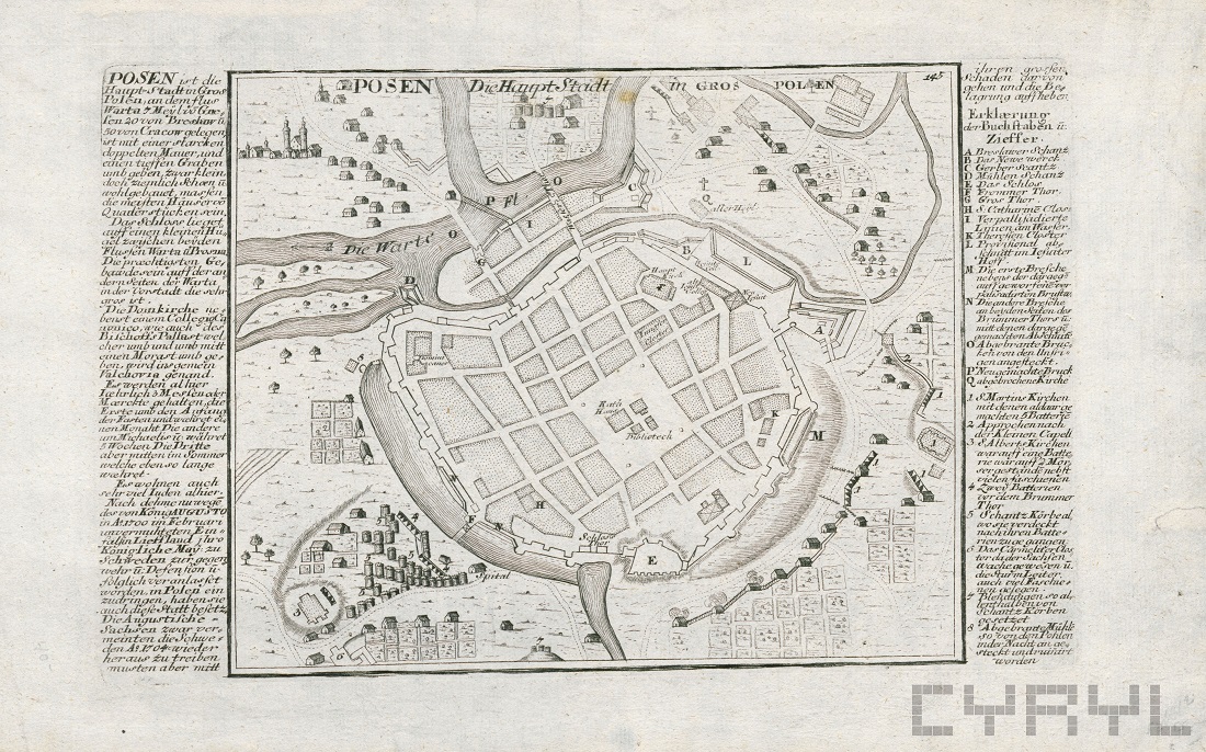 Plan Poznania 1710 rok, zaznaczono m.in. średniowieczne mury miejskie i fortyfikacje. Plan pochodzi z dzieła G. Bodenehr "Curioses Staats und Kriegs Theatrum in Polen..." wydanym w Augsburgu, ze zb. Biblioteki Raczyńskich / cyryl.poznan.pl - grafika artykułu