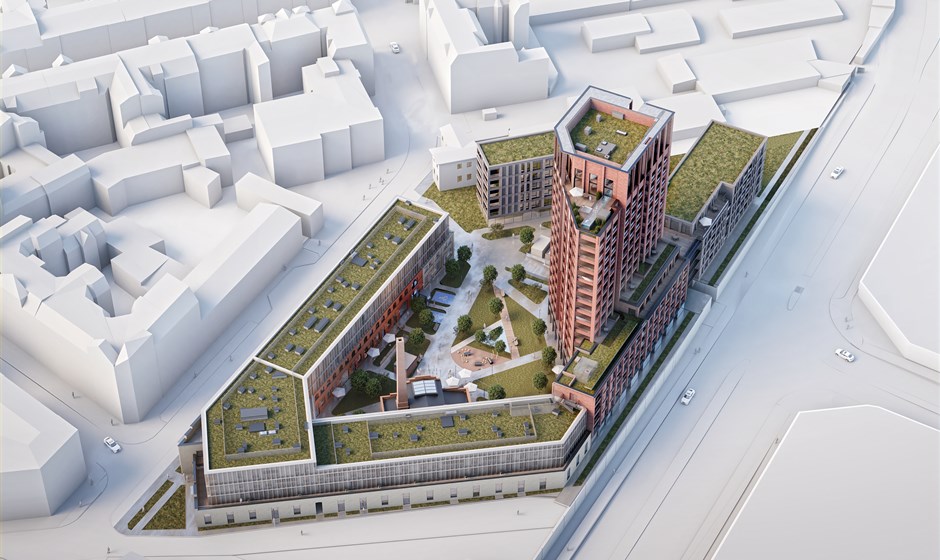 Obraz przedstawia przestrzenną wizualizację grupy kilku budynków w kwartale ulic. Pośród nich wyrożnia się jeden wysoki wieżowiec - grafika artykułu