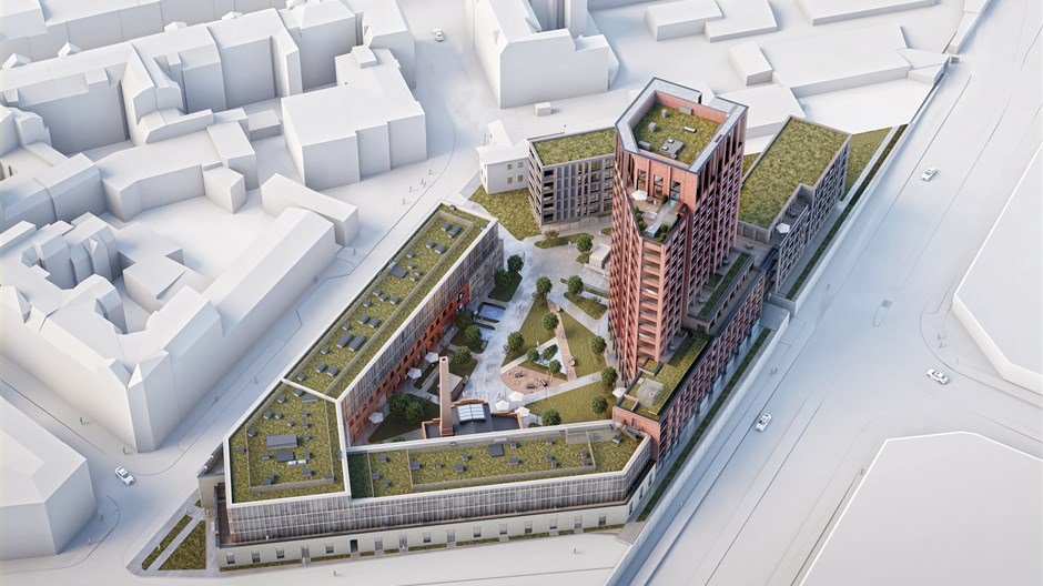 Obraz przedstawia przestrzenną wizualizację grupy kilku budynków w kwartale ulic. Pośród nich wyrożnia się jeden wysoki wieżowiec