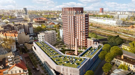 Wizualizacja przestrzenna miasta. Na pierwszym planie otoczony niskimi budynkami wieżowiec. Za nim panorama miasta i widoczne dwa inne wysokie budynki: Bałtyk, budynek Uniwersytetu Ekonomicznego