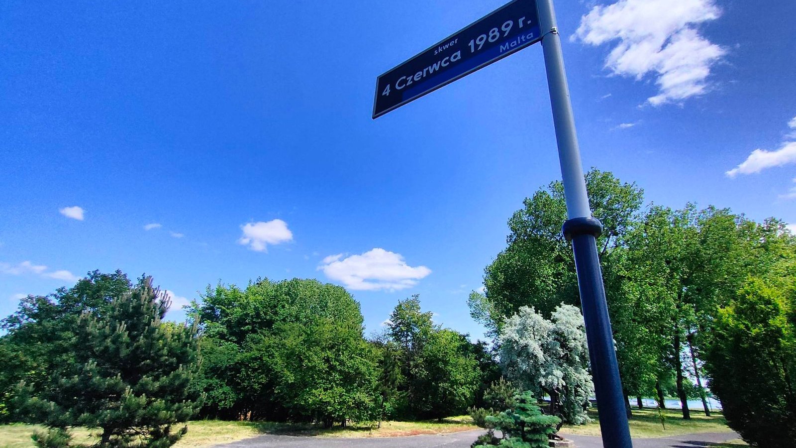 Jeden z zakątków skweru, z przodu tabliczka z nazwą skweru, obok i w tle młode i starsze drzewa iglaste i liściaste oraz krzewy