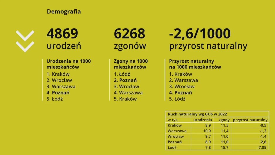 Dane na temat demografii, liczby urodzeń i zgonów, slajd z raportu