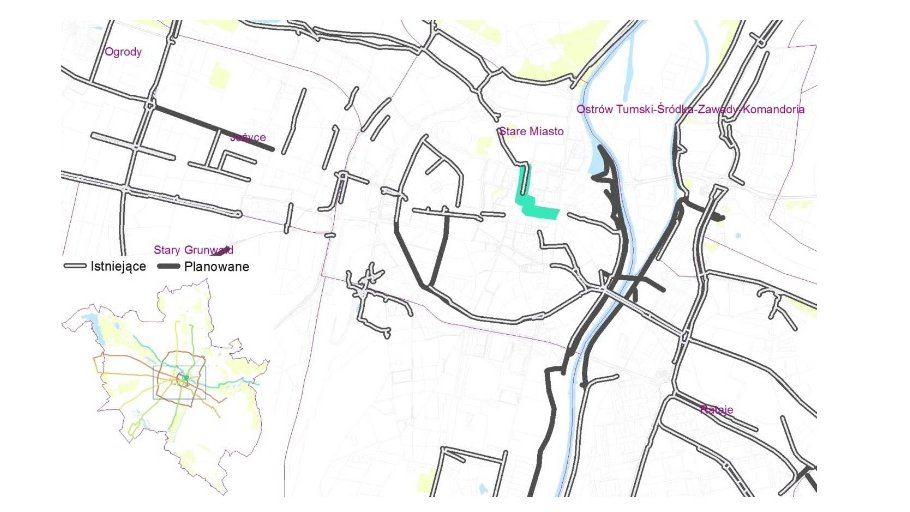 Mapa trasy rowerowej Radial R6, kolorowa linia na mapce