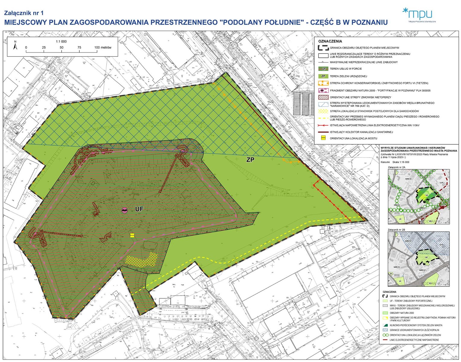 Mapa z zarysem fortu głównego w kolorze zielonym, w części fort okala teren zieleni, który będzie chroniony - grafika artykułu